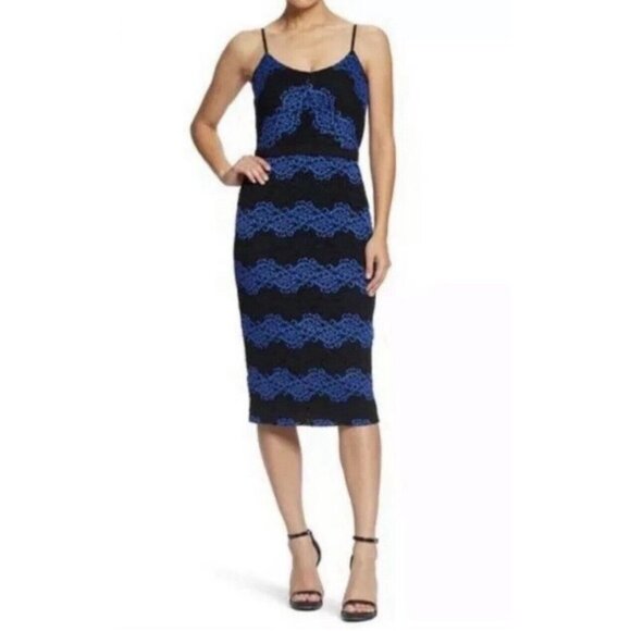 Dress The Population Whitney Lace Bodycon Dress Cobalt Blue Black XS Extra Small - Picture 1 of 8